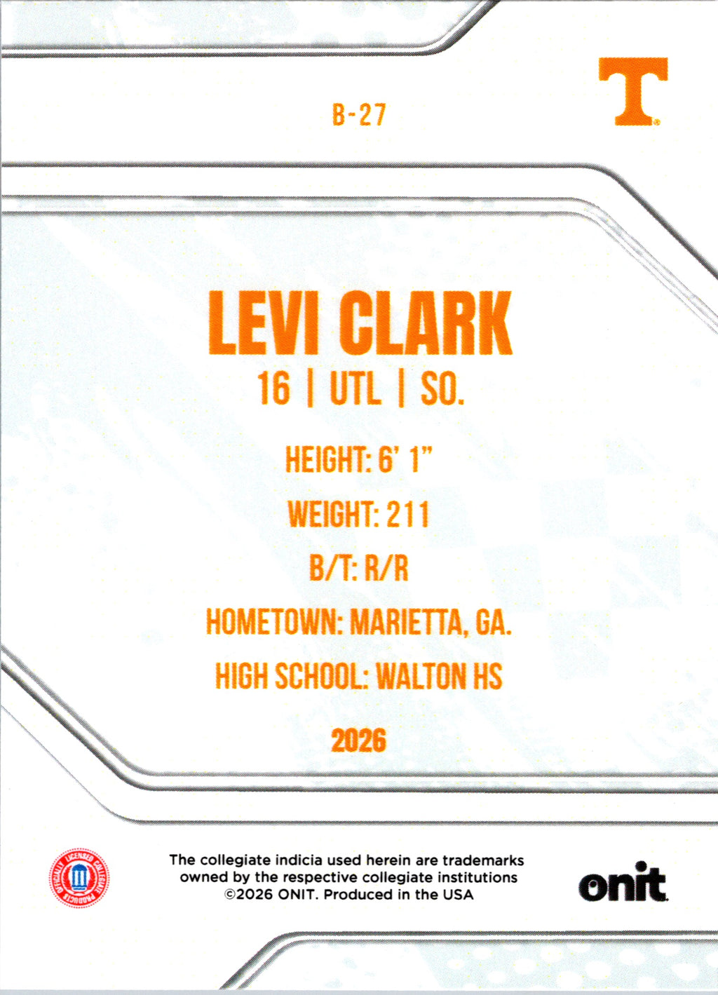 2026 ONIT Tennessee Baseball Levi Clark #B-27