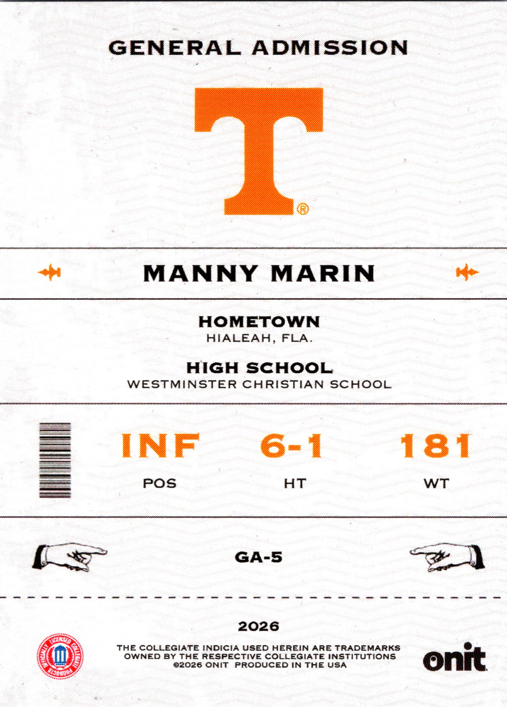 2026 ONIT Tennessee Baseball Manny Marin #GA-5