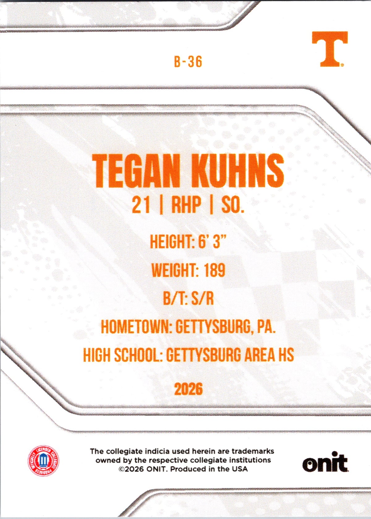 2026 ONIT Tennessee Baseball Tegan Kuhns #B-36
