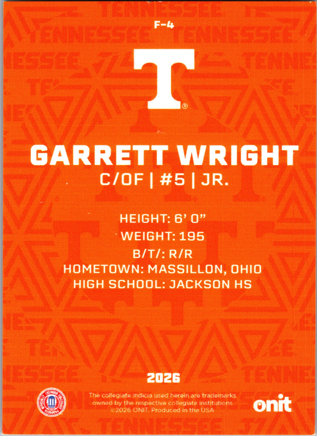 2026 ONIT Tennessee Baseball Garrett Wright #F-4