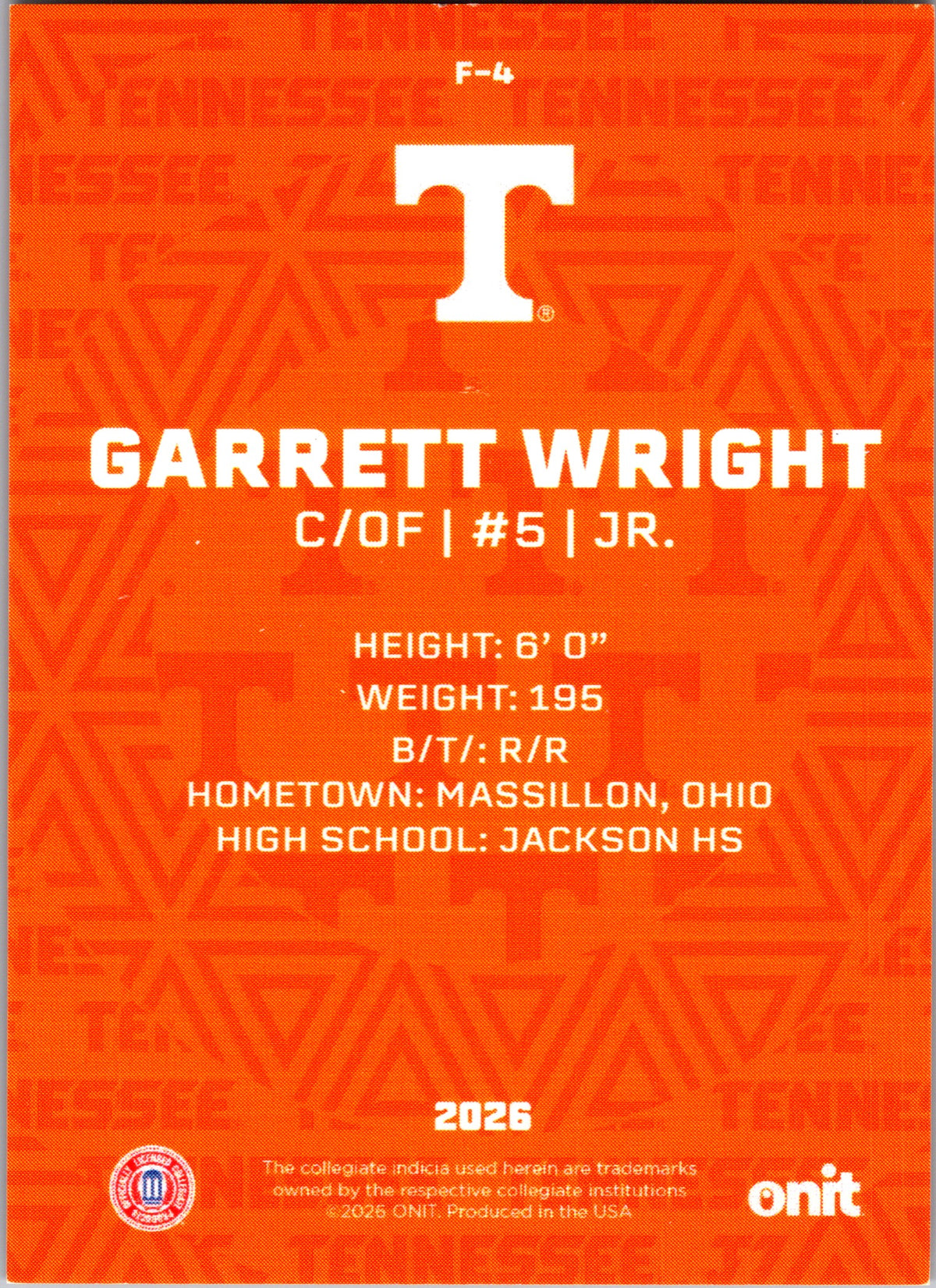 2026 ONIT Tennessee Baseball Garrett Wright #F-4