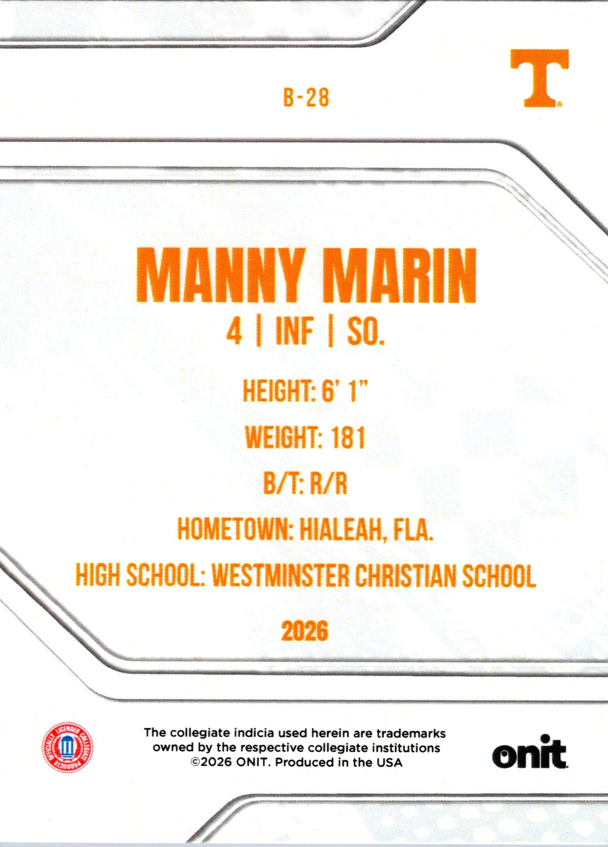 2026 ONIT Tennessee Baseball Manny Marin #B-28