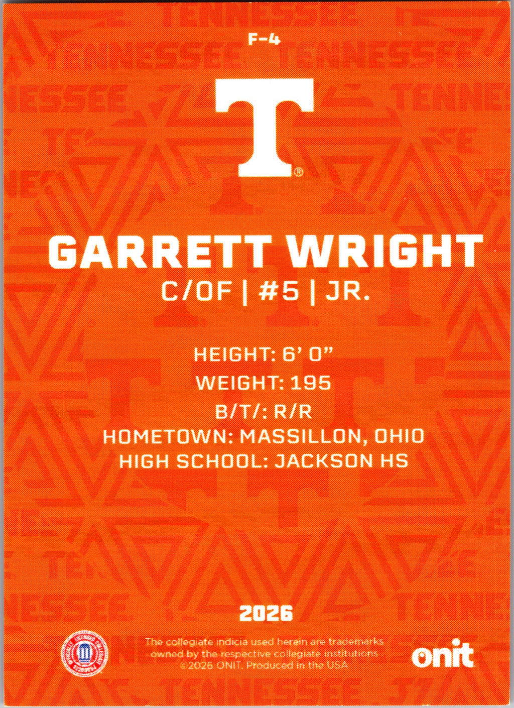 2026 ONIT Tennessee Baseball Garrett Wright #F-4