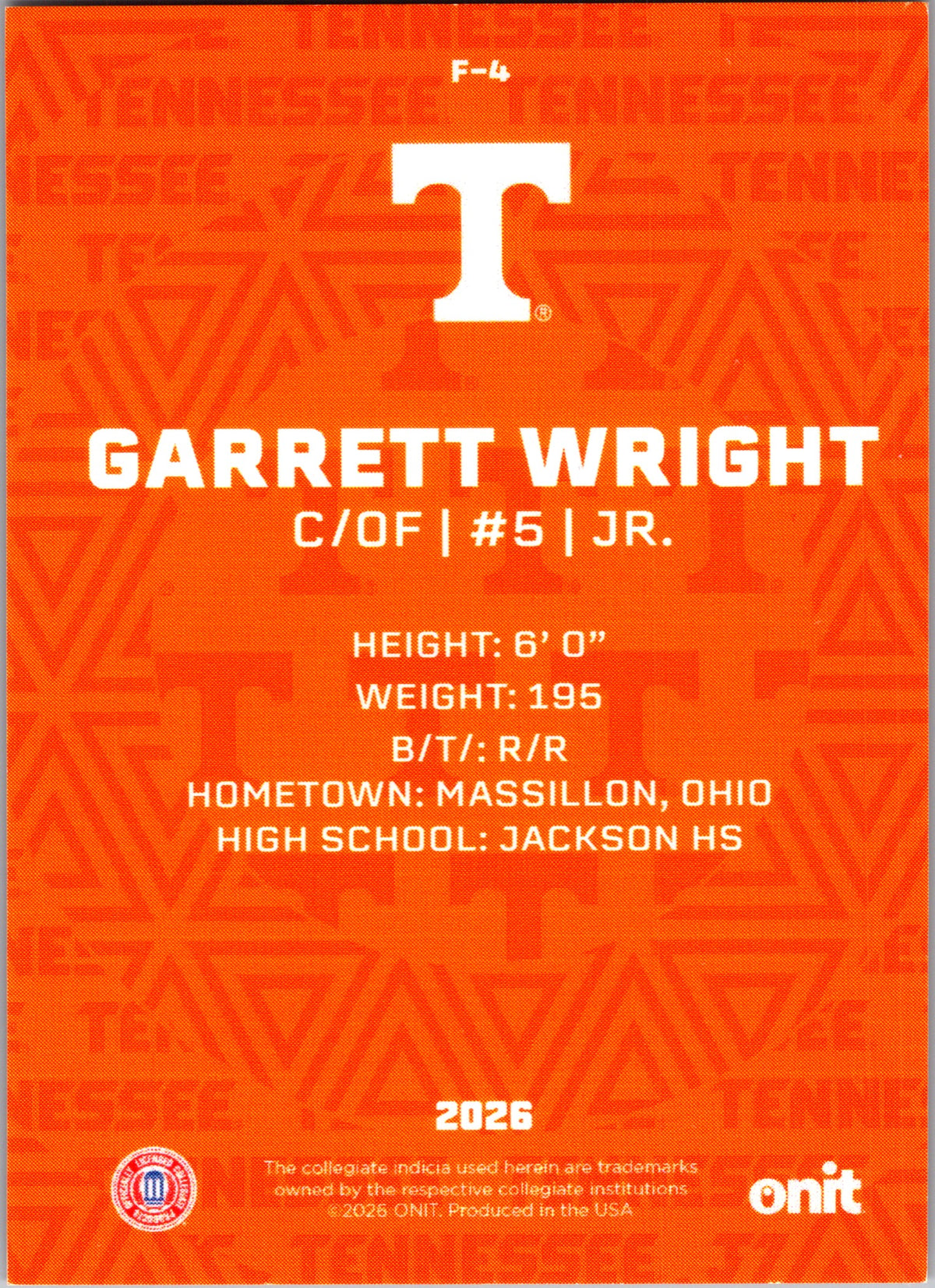 2026 ONIT Tennessee Baseball Garrett Wright #F-4