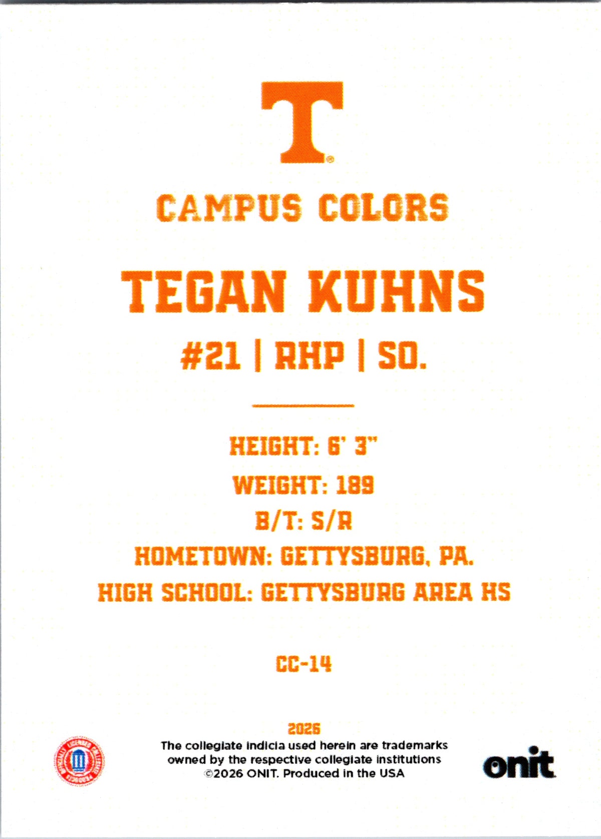 2026 ONIT Gameday Campus Colors Tegan Kuhns #CC-14