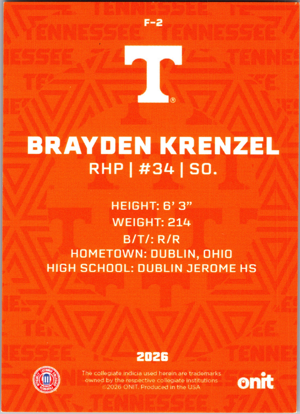 2026 Onit Tennessee Baseball Brayden Krenzel #F-2