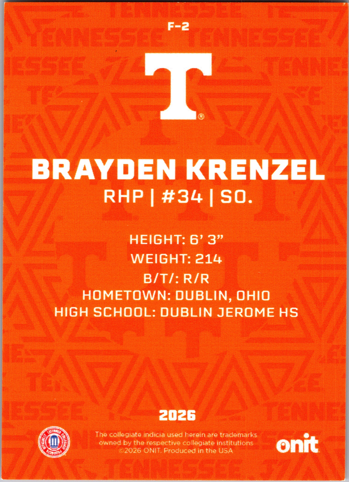 2026 Onit Tennessee Baseball Brayden Krenzel #F-2
