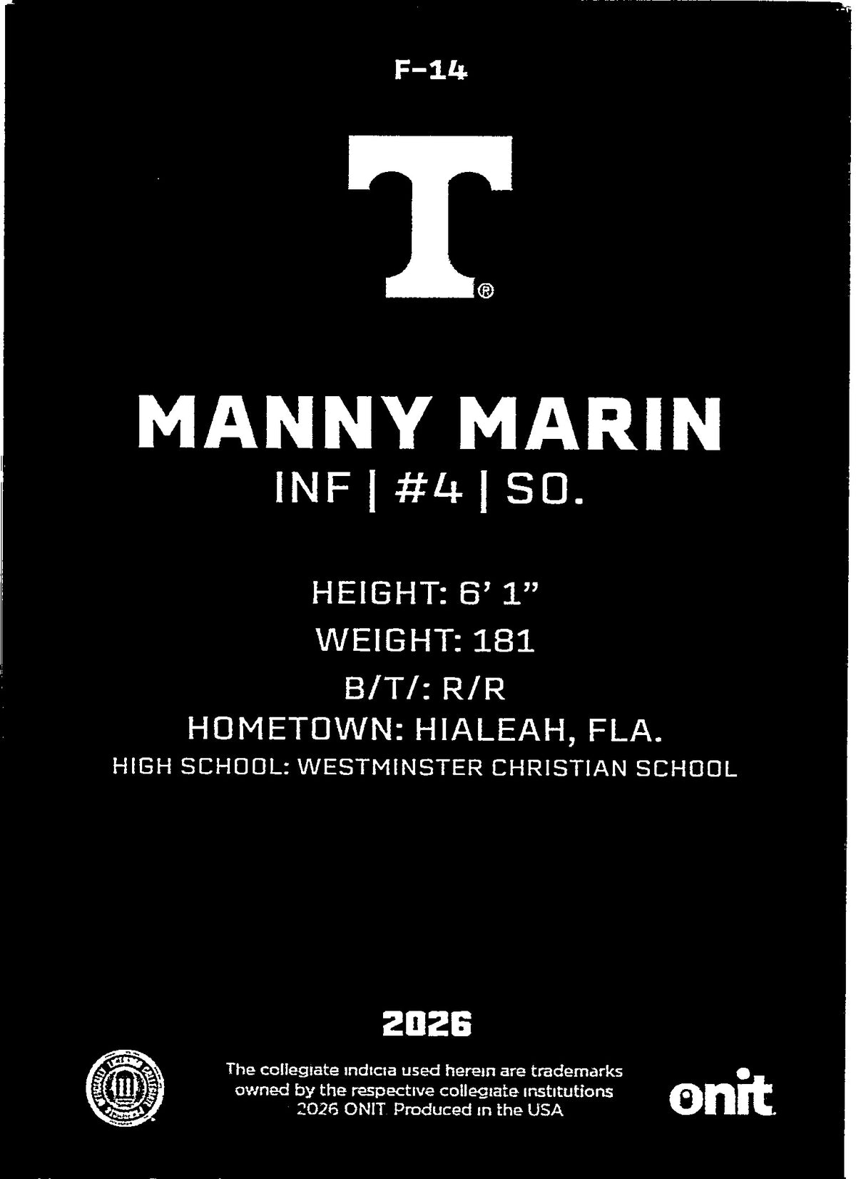 2026 Onit Tennessee Baseball Manny Marin #F-14
