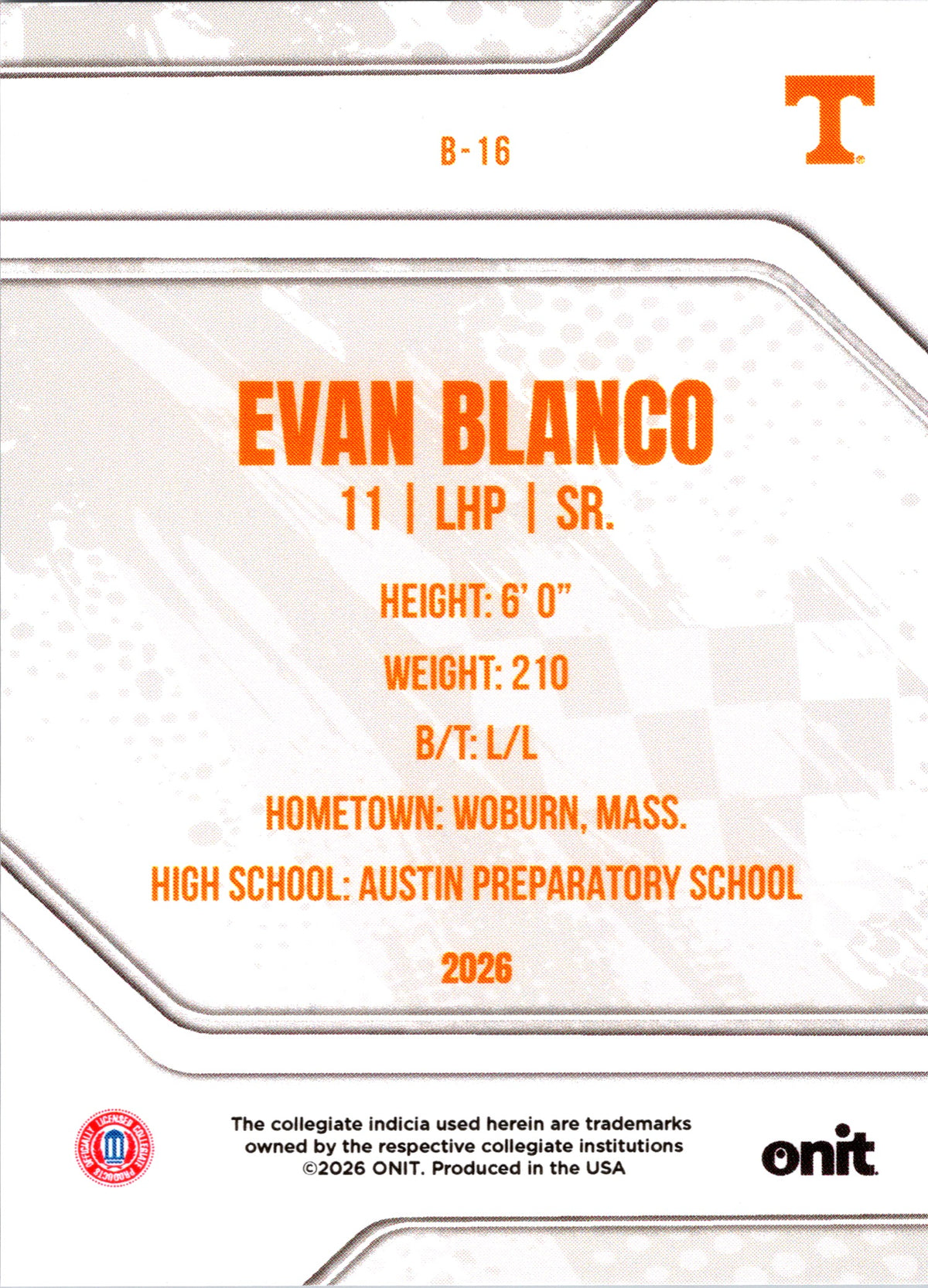 2026 ONIT Tennessee Baseball Evan Blanco #B-16