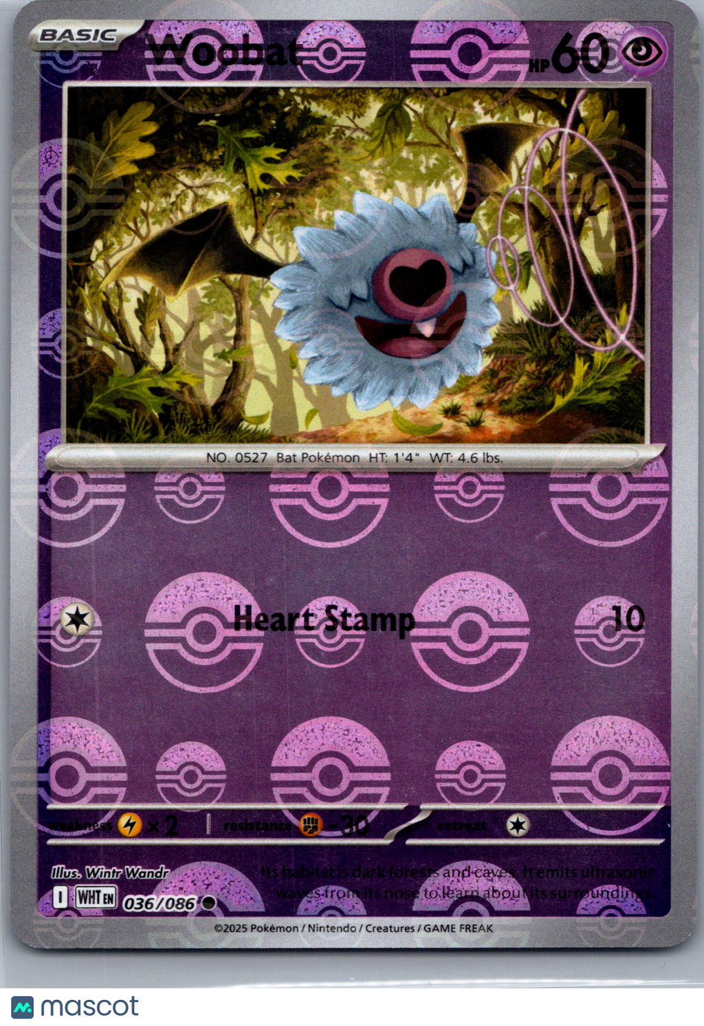 2025 White Flare Woobat Reverse Holo Pokeball #36/86