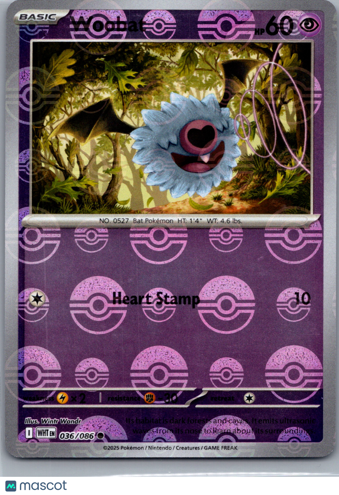 2025 White Flare Woobat Reverse Holo Pokeball #36/86