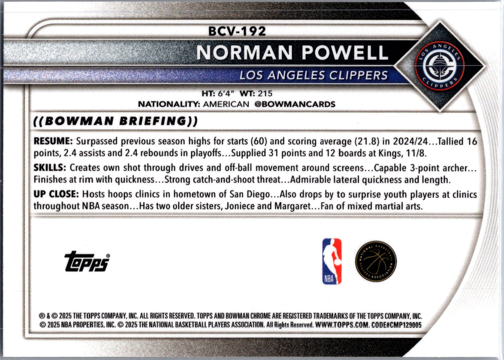 2025 Bowman Chrome Norman Powell #BCV-192