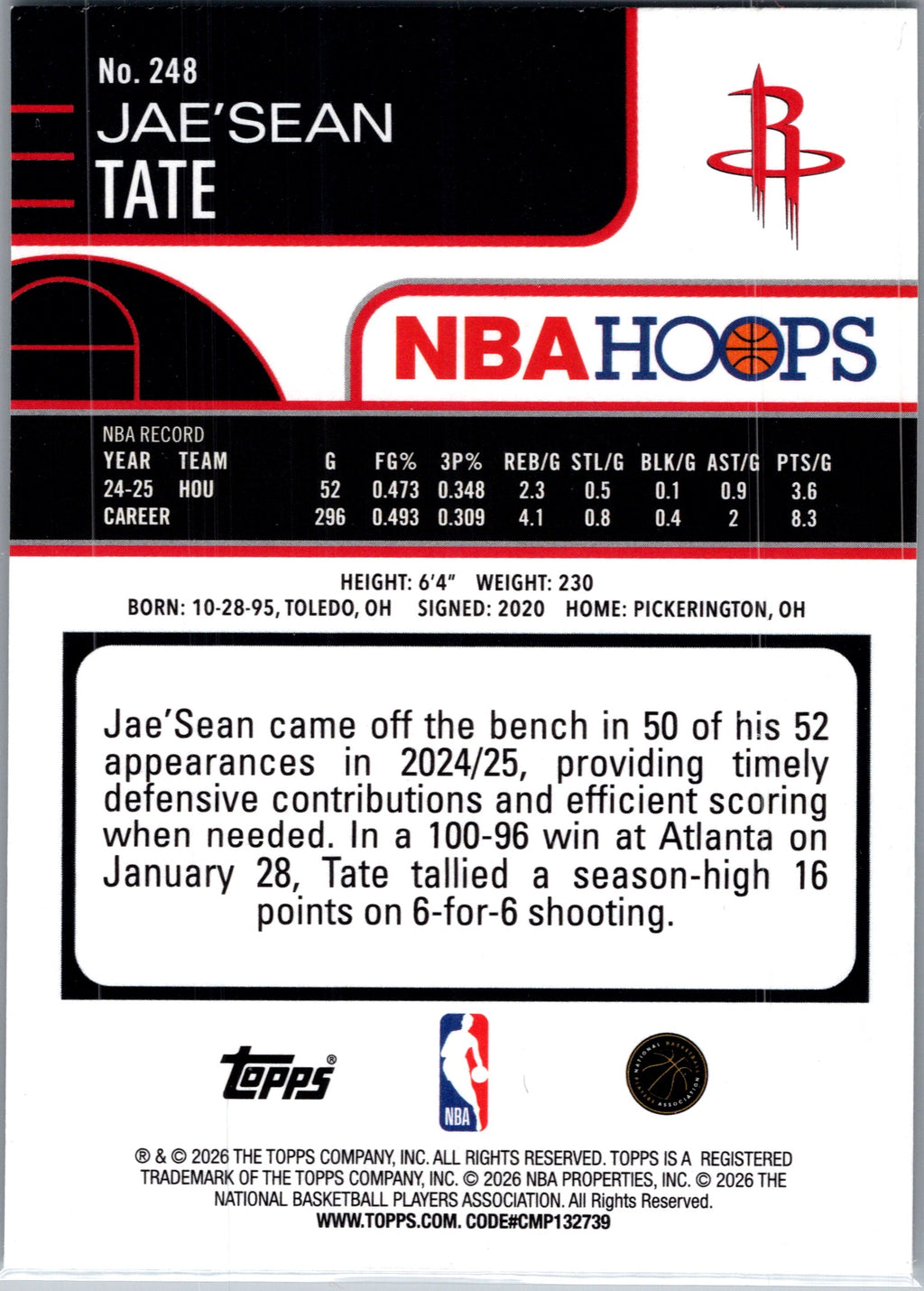 2026 Topps NBA Hoops Jae'Sean Tate #248 Green