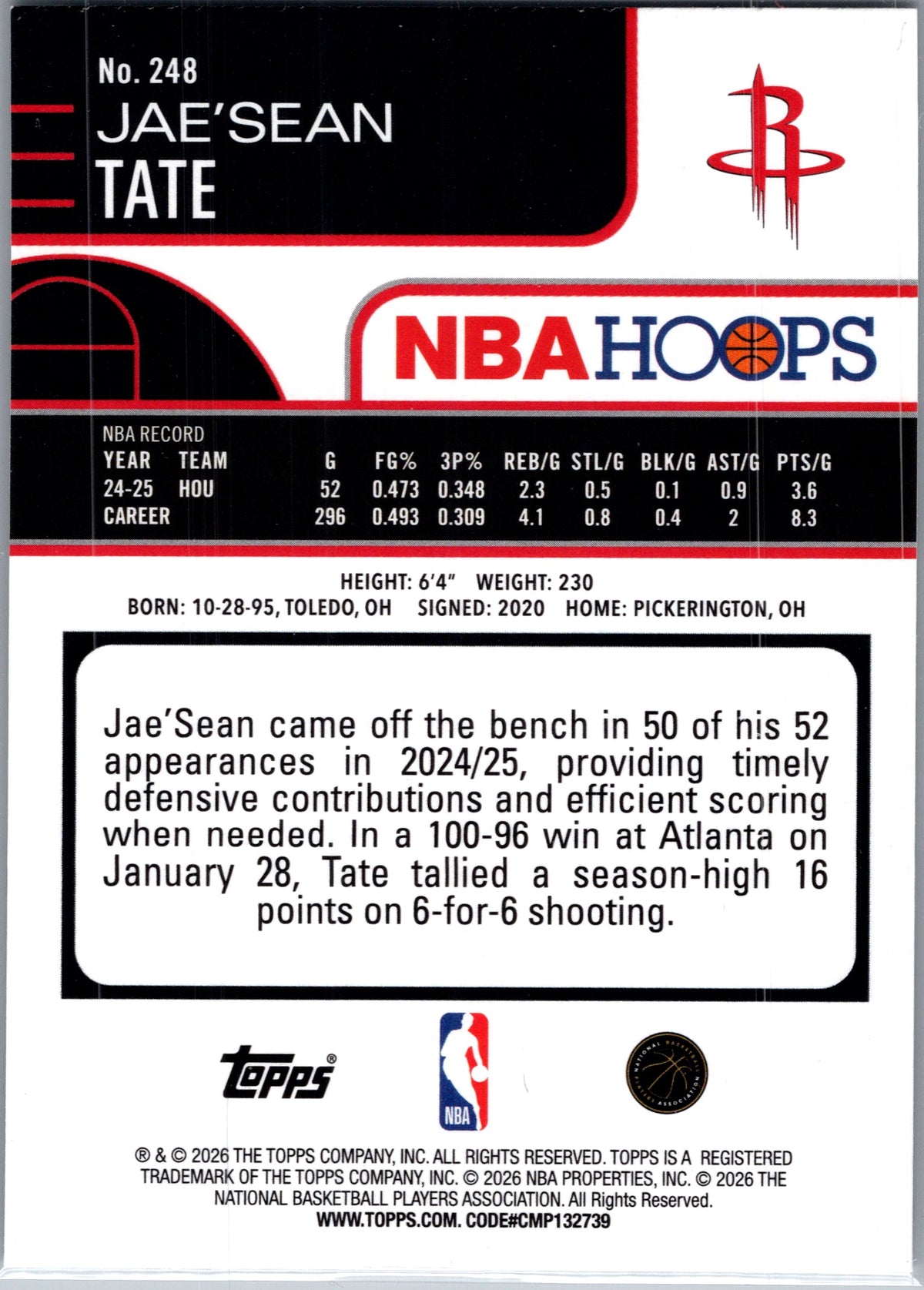 2026 Topps NBA Hoops Jae'Sean Tate #248 Green