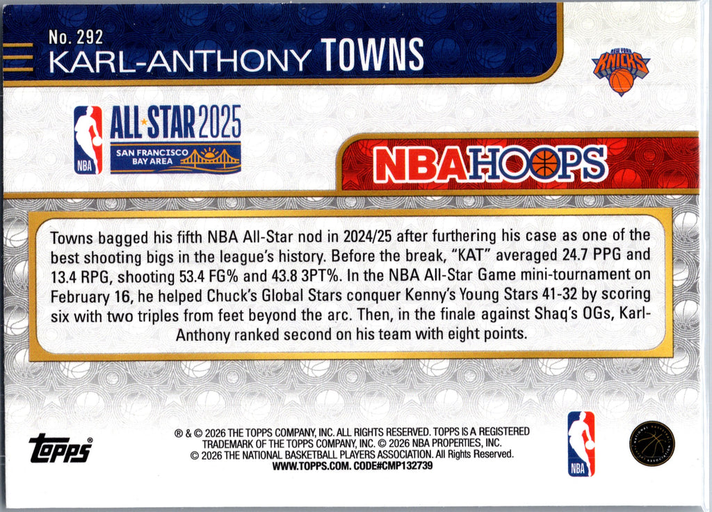 2026 Topps NBA Hoops Karl-Anthony Towns #292 Rainbow Basketball Foil SP