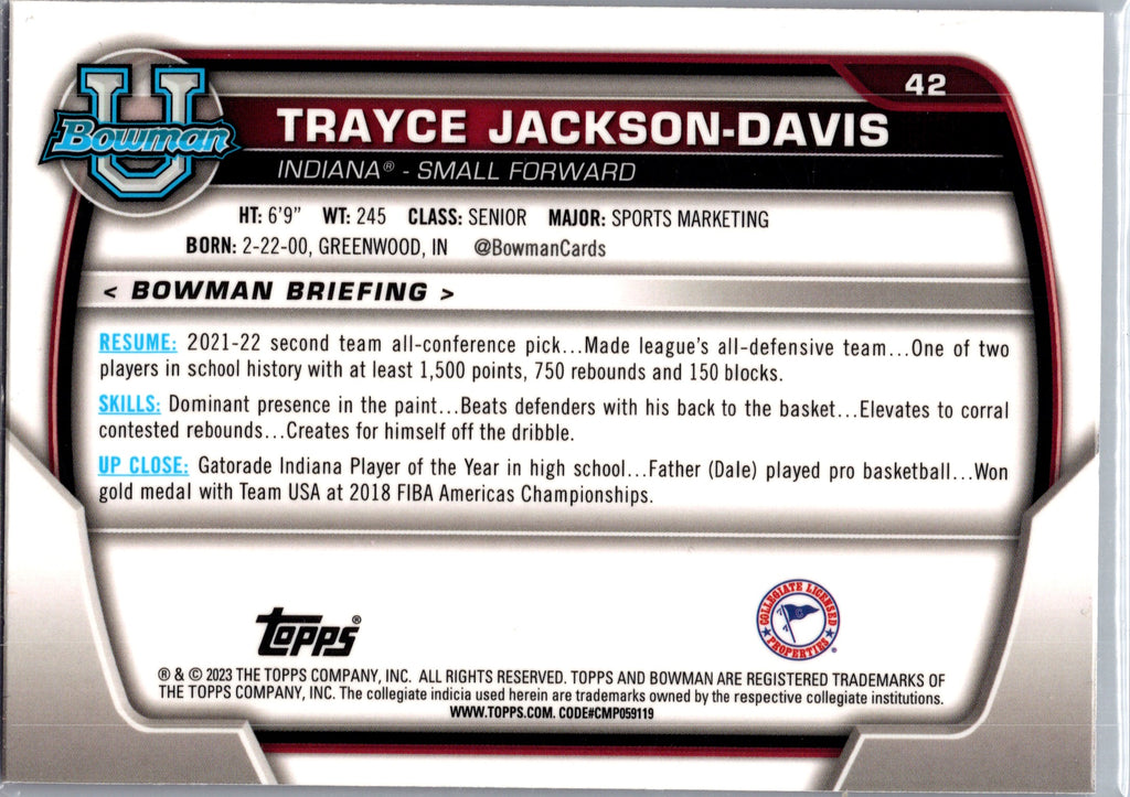 2021 Bowman University Trayce Jackson-Davis #42 Pink