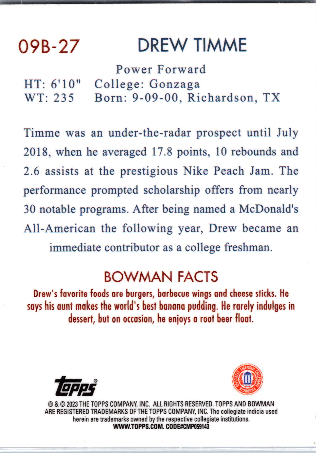 2023 Bowman University Drew Timme #09B-27