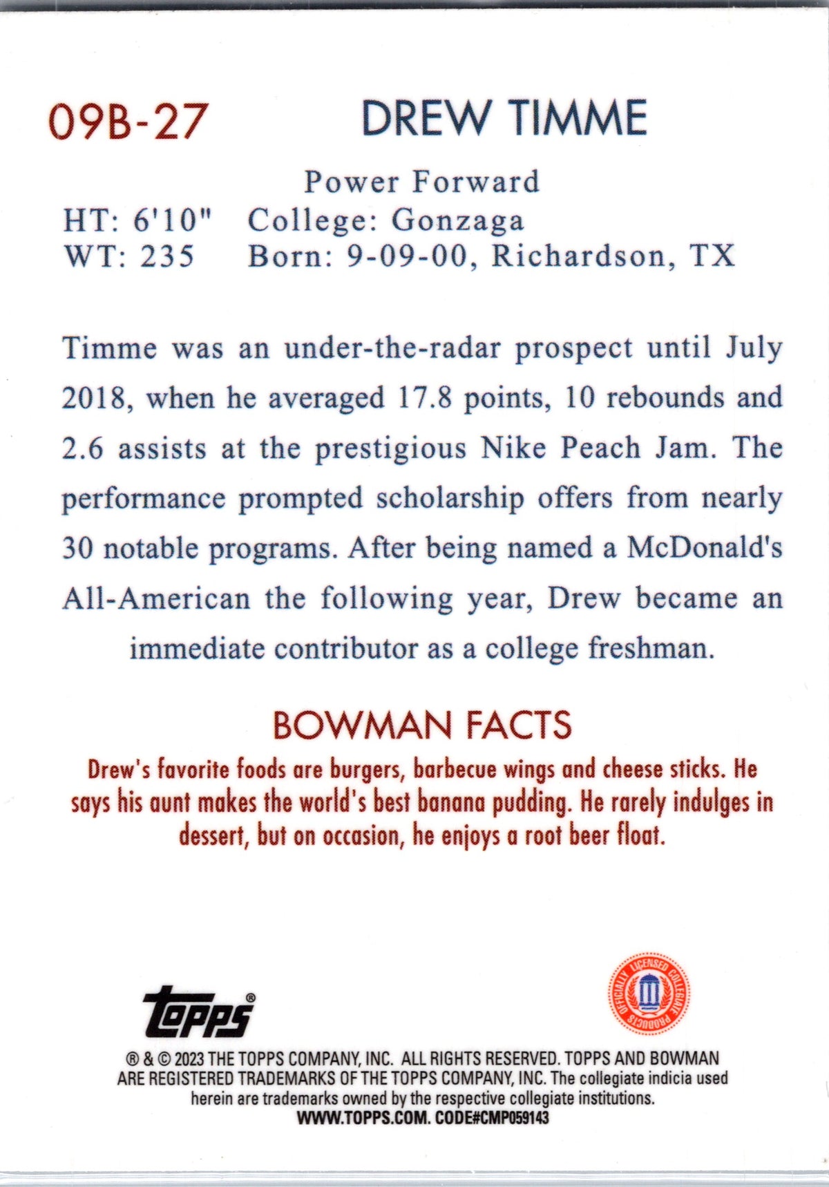 2023 Bowman University Drew Timme #09B-27