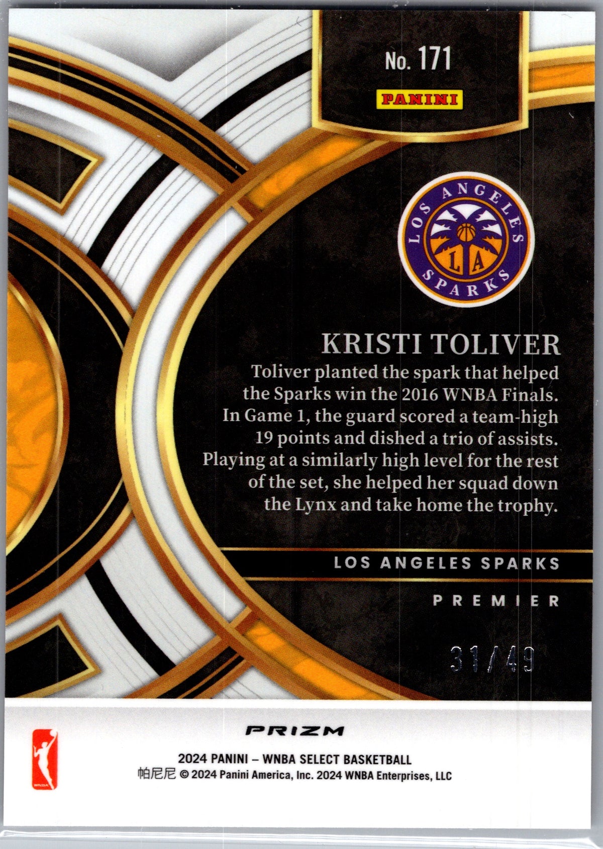 2024 Panini Select WNBA Kristi Toliver #171 Orange Checkerboard /49