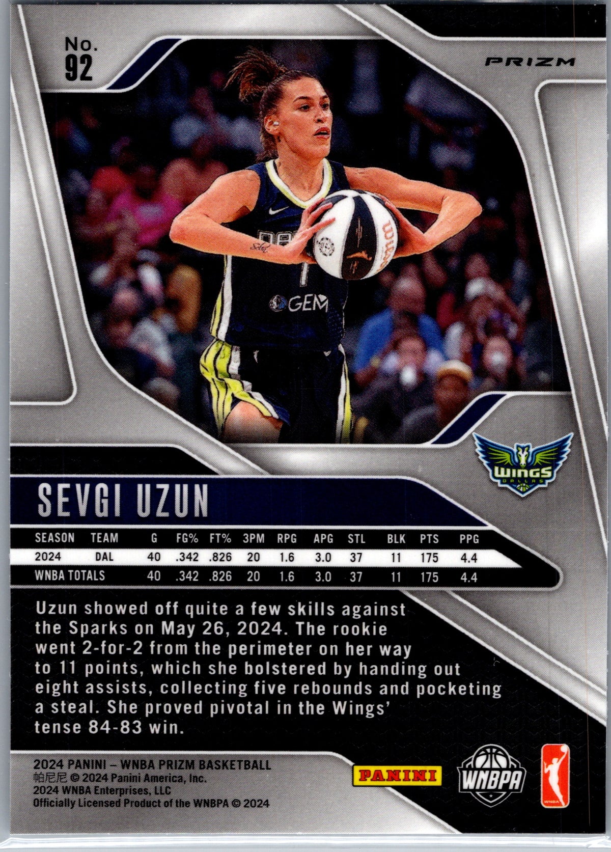 2024 Panini Prizm WNBA Sevgi Uzun #92 Cracked Ice RC