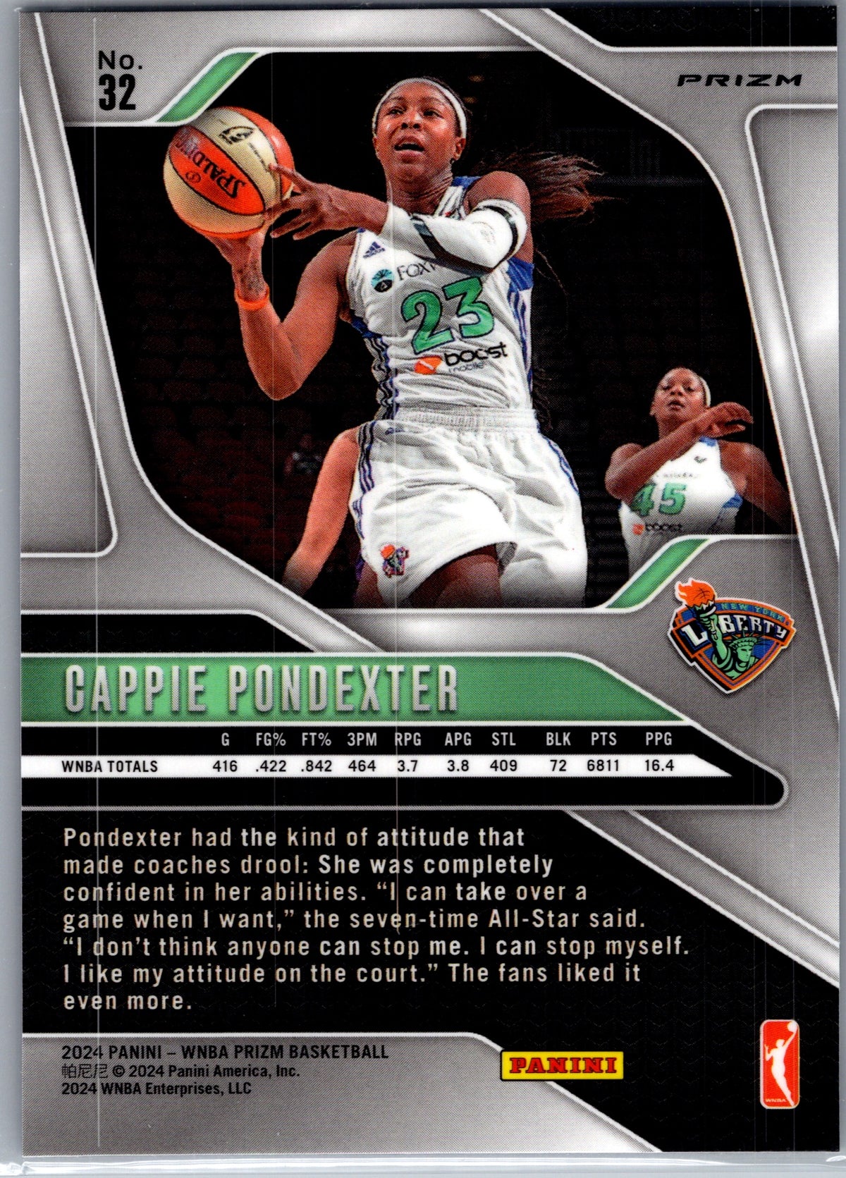 2024 Panini Prizm WNBA Cappie Pondexter #32 Blue Cracked Ice