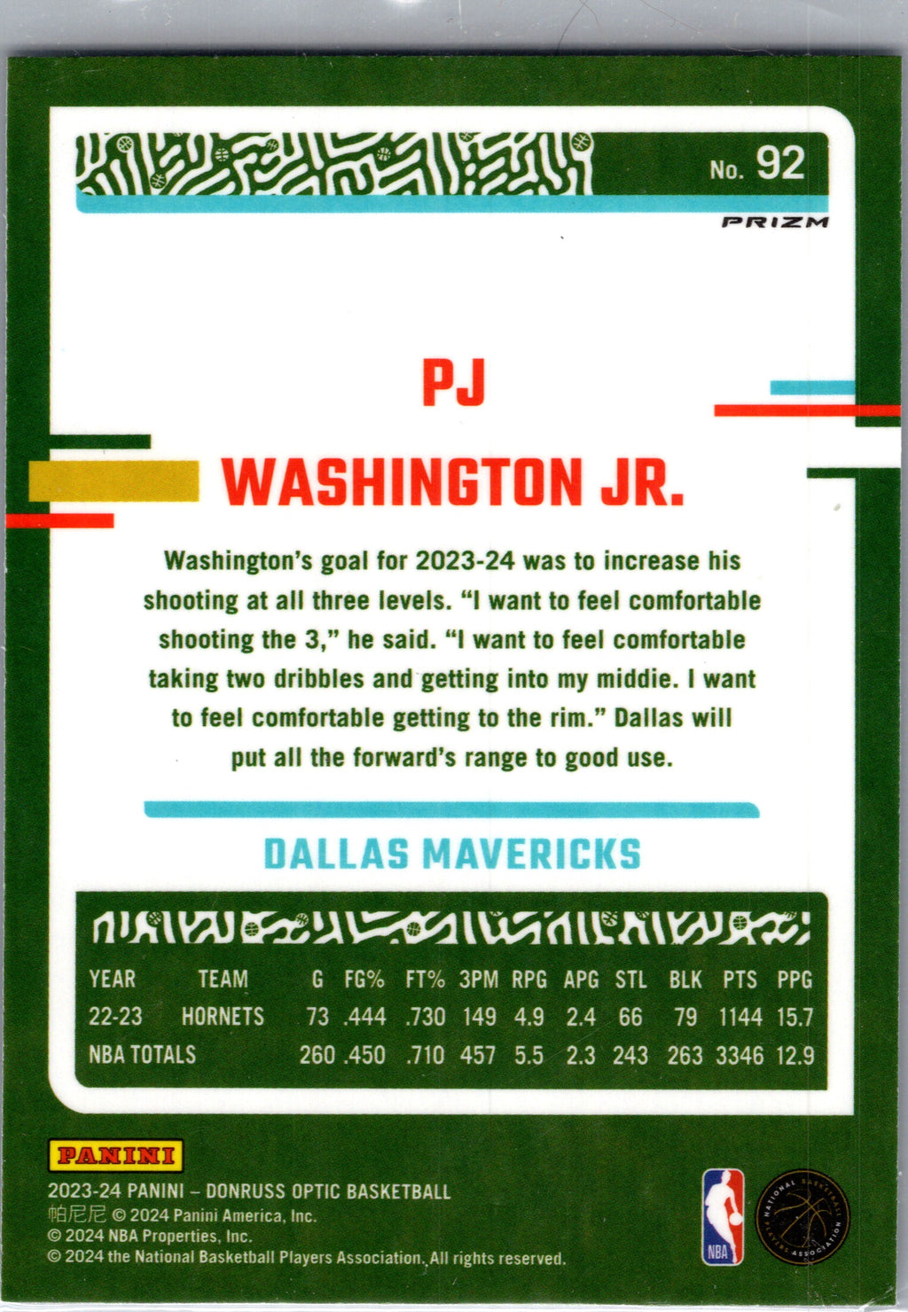 2024 Panini Donruss Optic PJ Washington Jr. #92 Prizm