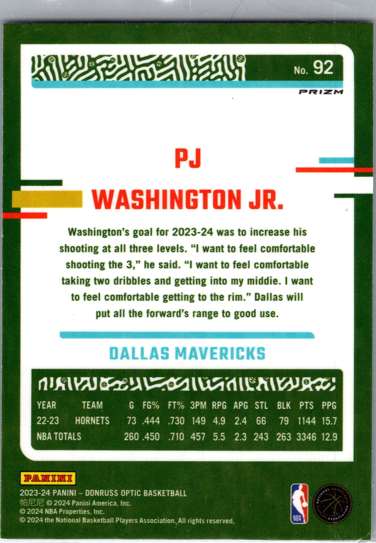 2024 Panini Donruss Optic PJ Washington Jr. #92 Prizm