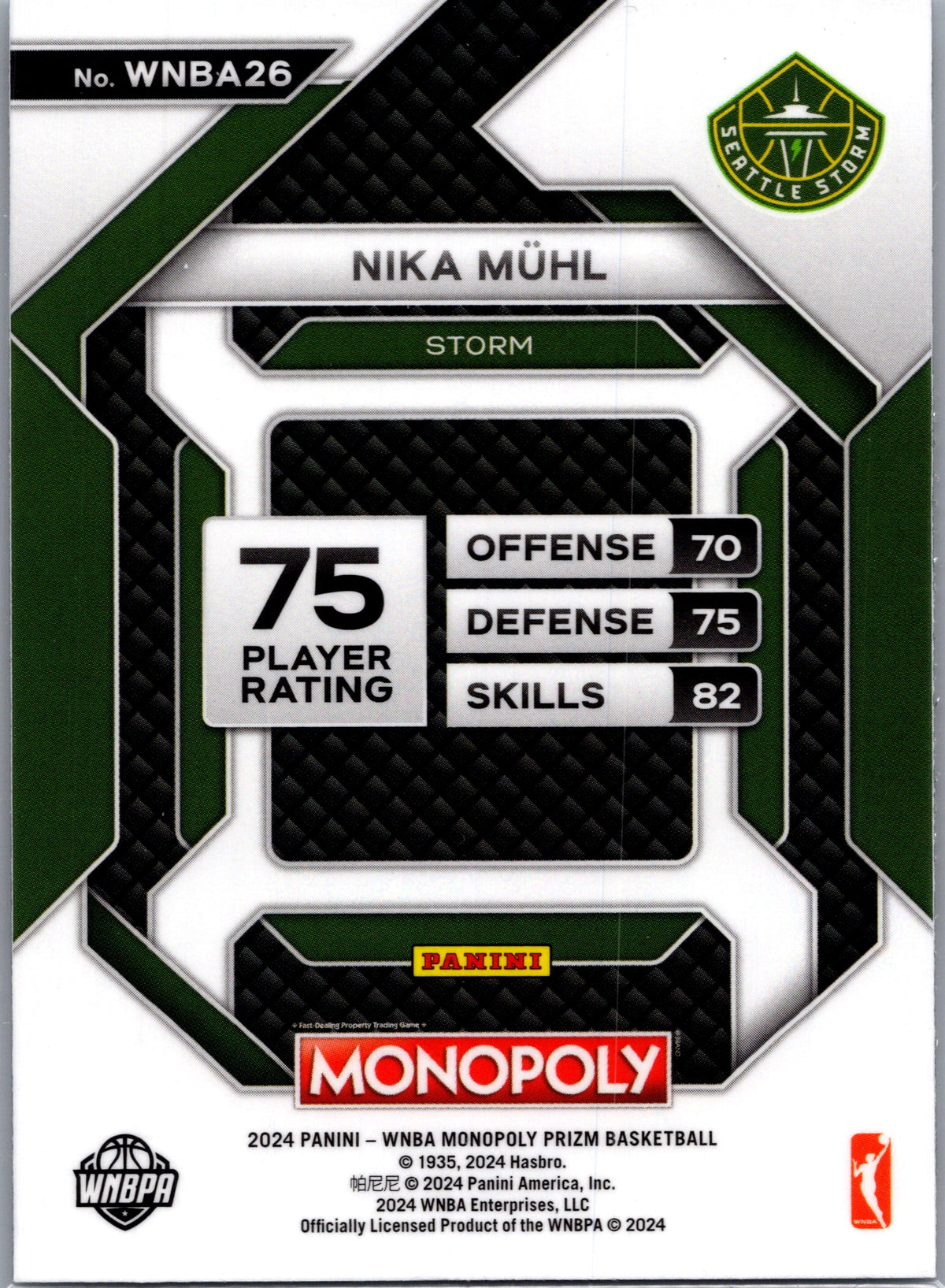 2024 Panini Monopoly Prizm Basketball Nika Mühl #WNBA26 RC
