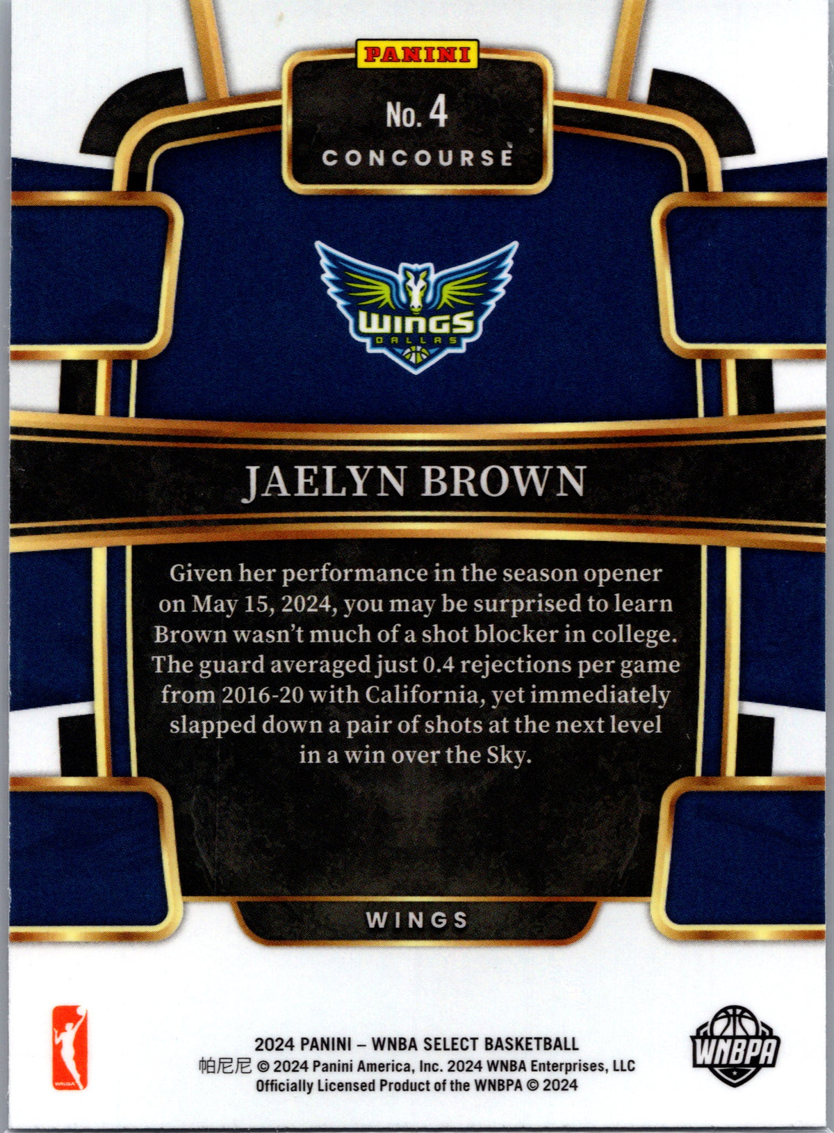 2024 Panini Select WNBA Jaelyn Brown #4 Concourse RC