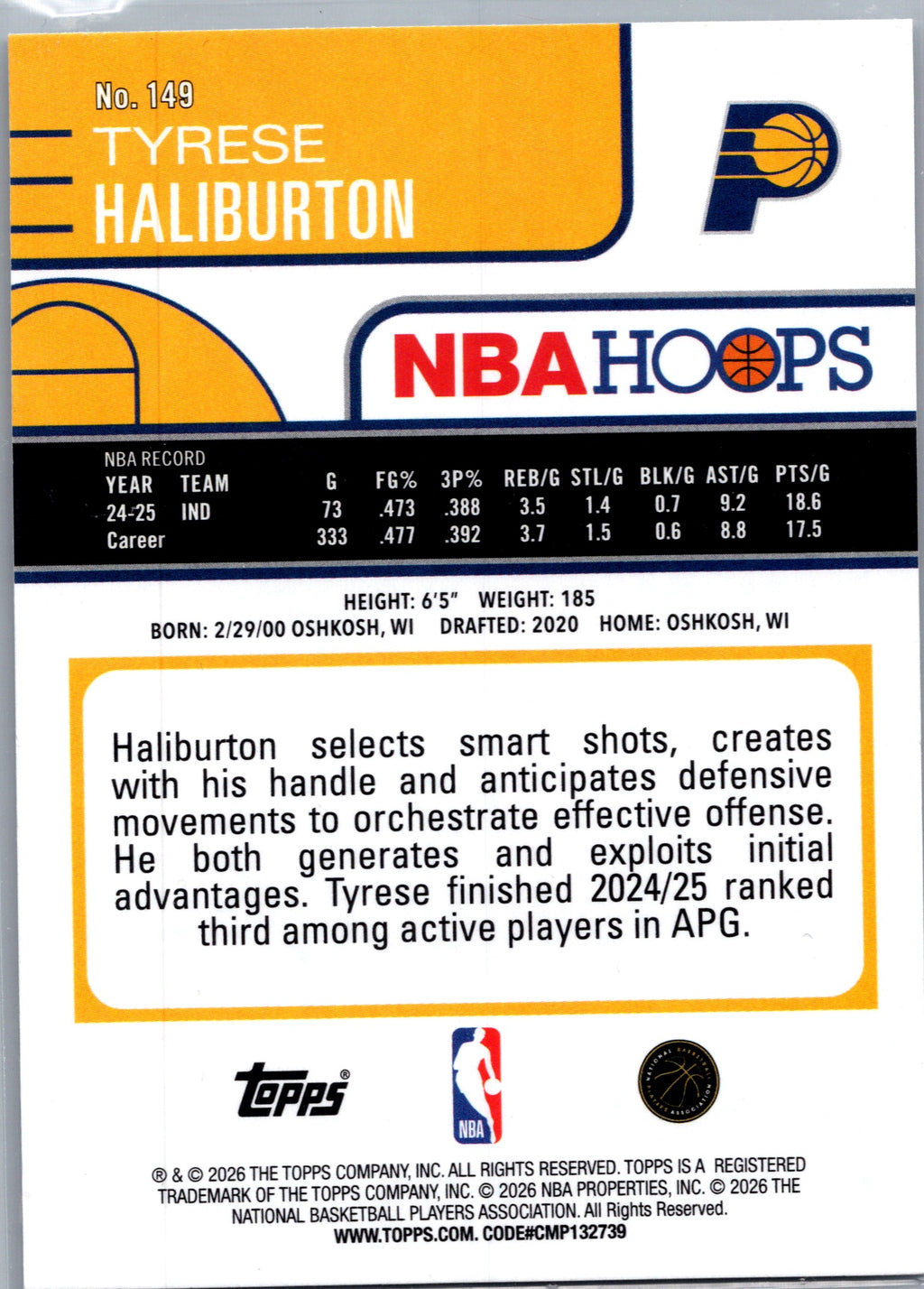 2026 Topps NBA Hoops Tyrese Haliburton #149 Foil
