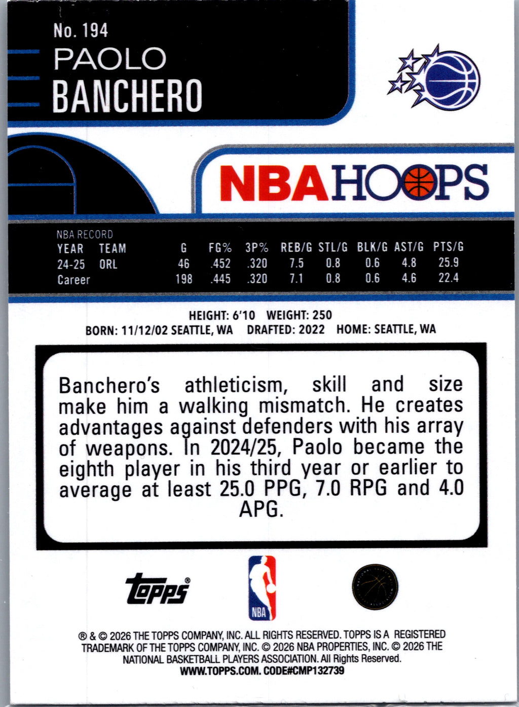 2026 Topps NBA Hoops Paolo Banchero #194 Foil