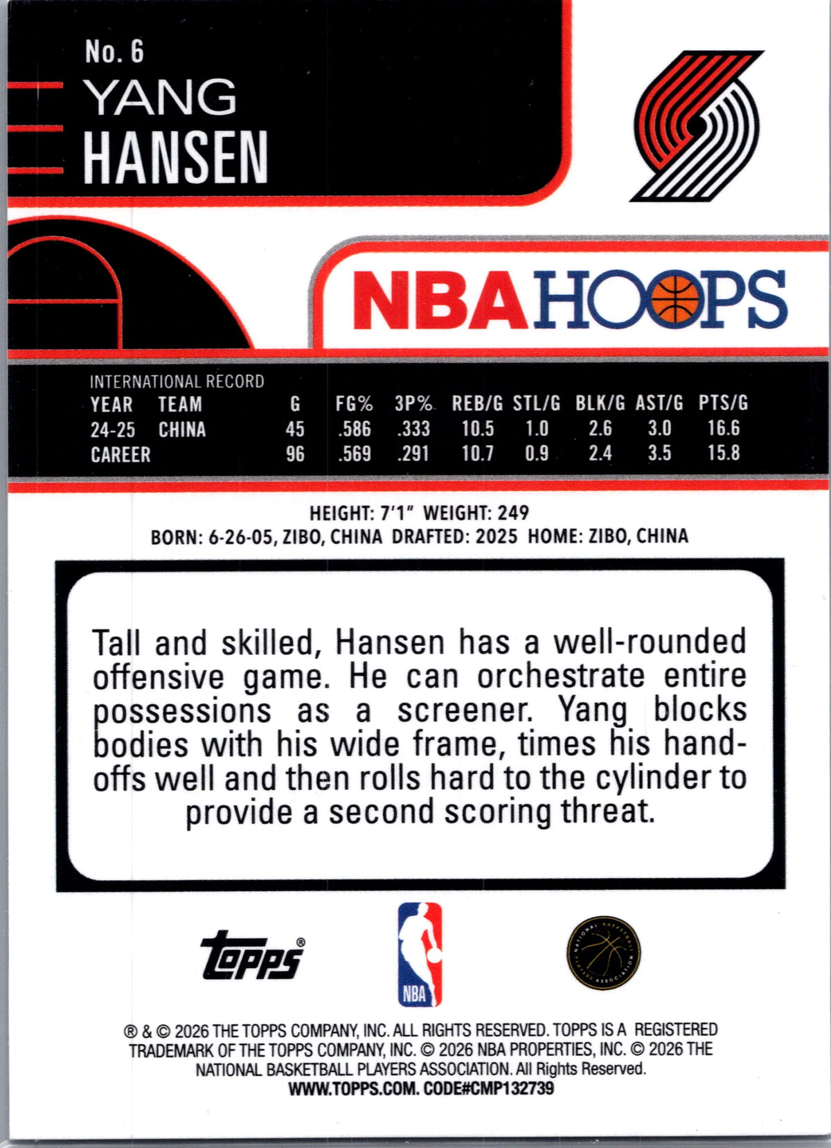 2026 Topps NBA Hoops Yang Hansen #6 Foil RC