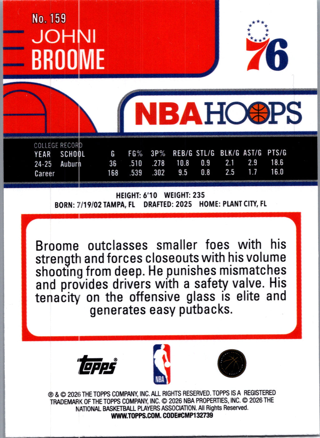 2026 Topps NBA Hoops Johni Broome #159 Foil RC