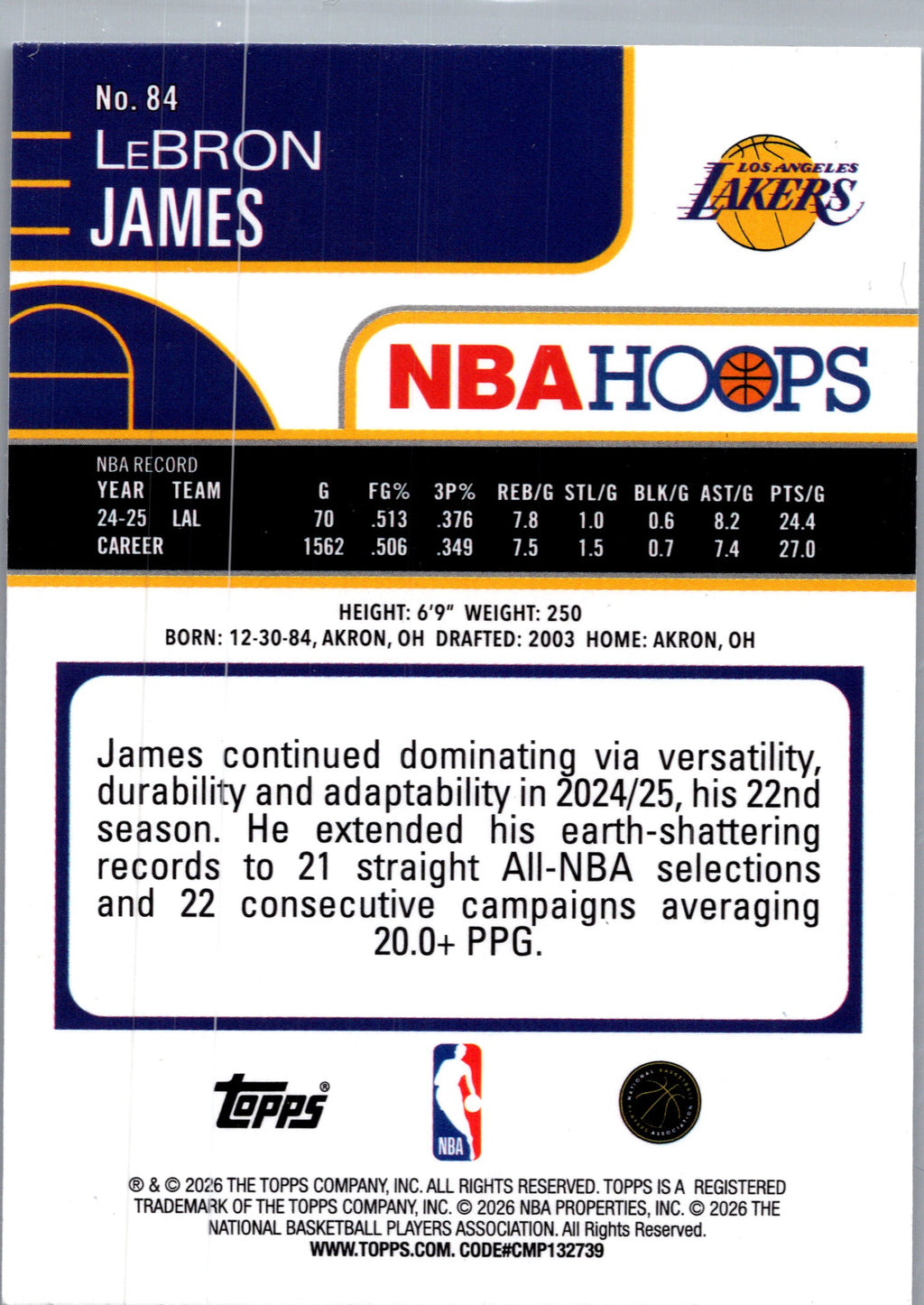 2026 Topps NBA Hoops LeBron James #84 Foil