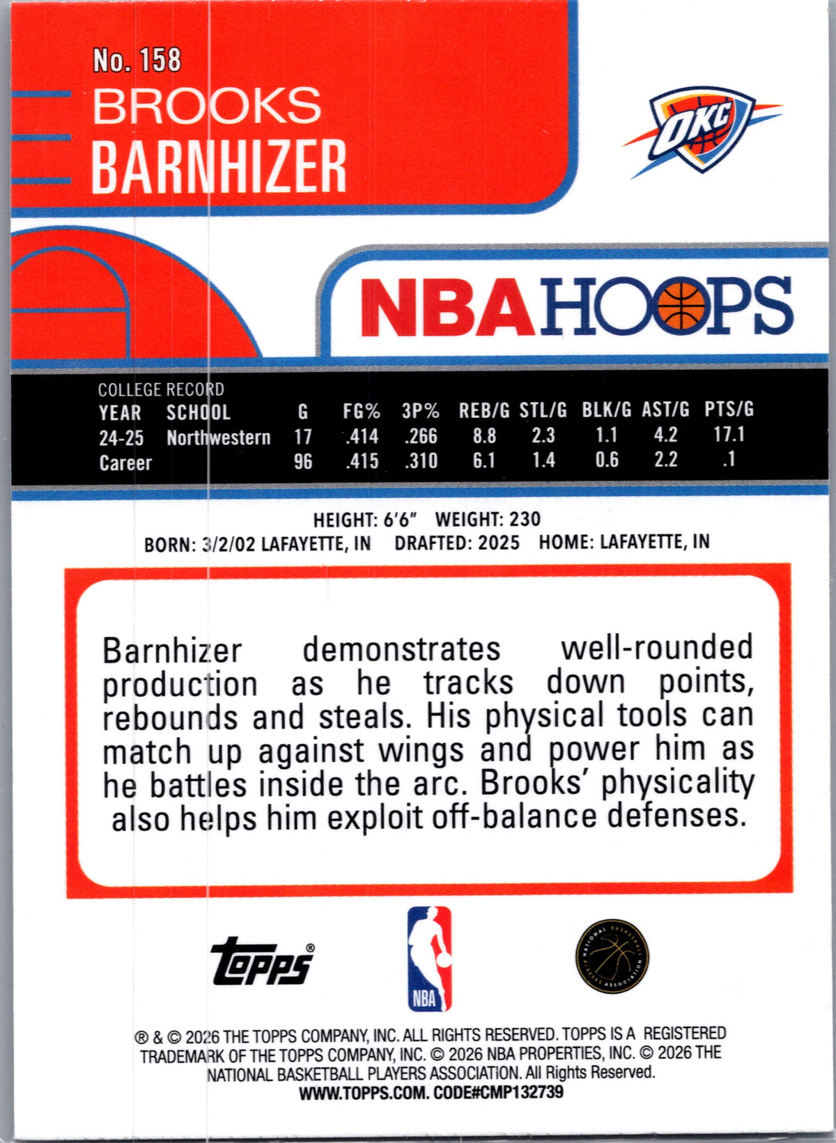 2026 Topps NBA Hoops Brooks Barnhizer #158 Foil RC