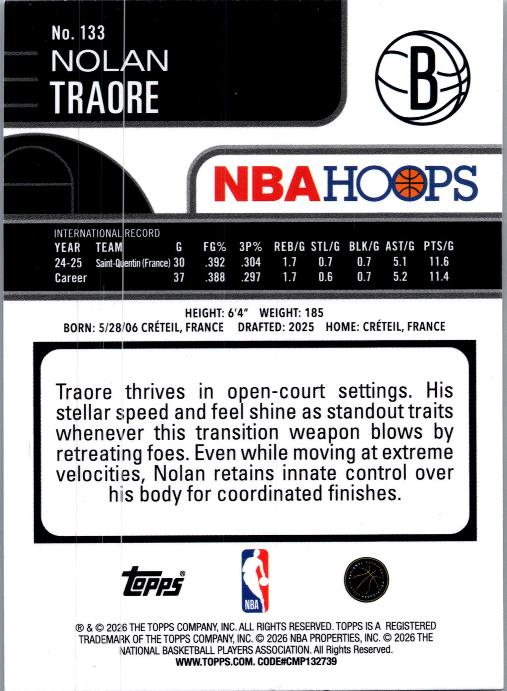 2026 Topps NBA Hoops Nolan Traore #133 Foil RC