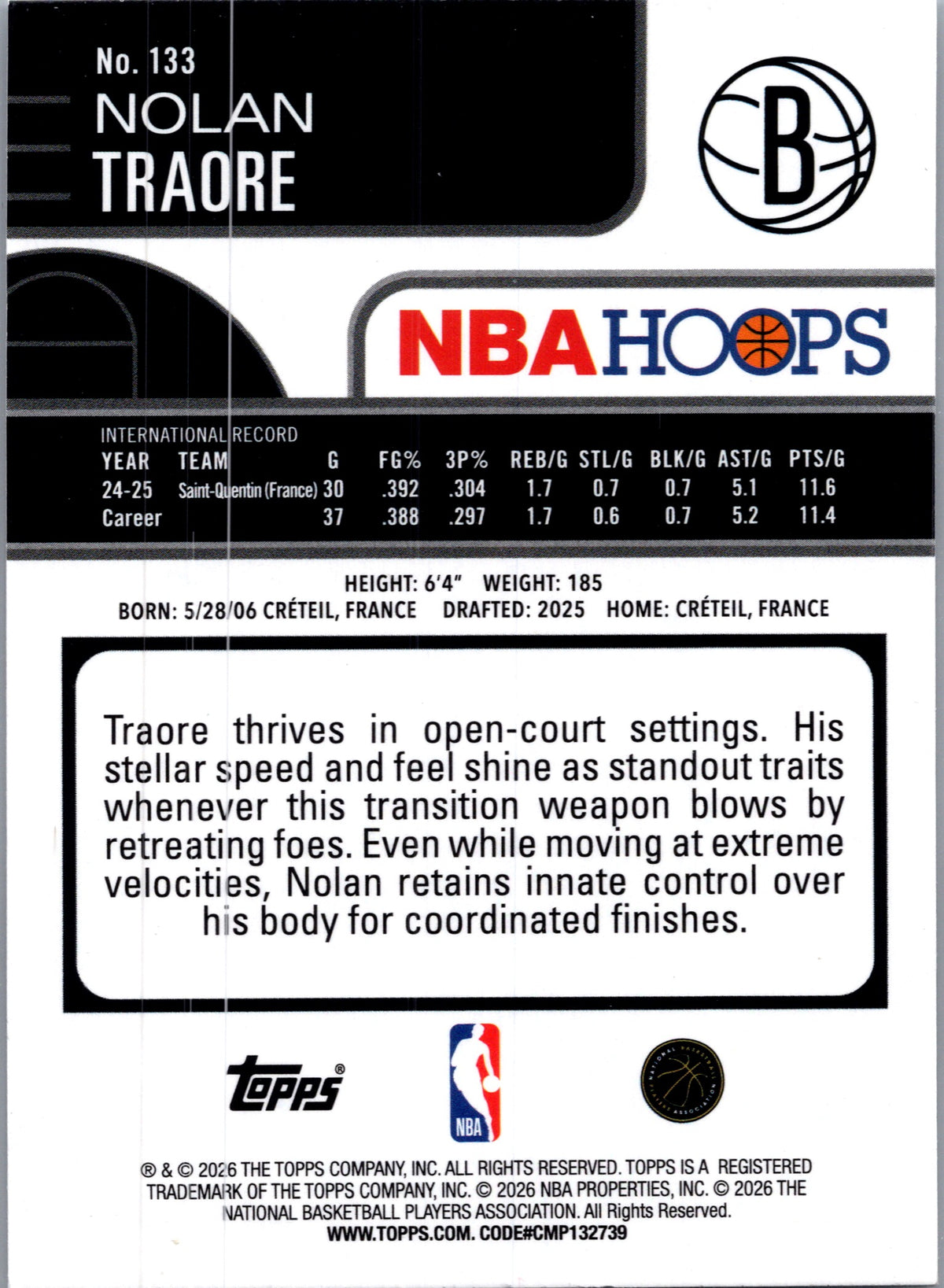 2026 Topps NBA Hoops Nolan Traore #133 Foil RC