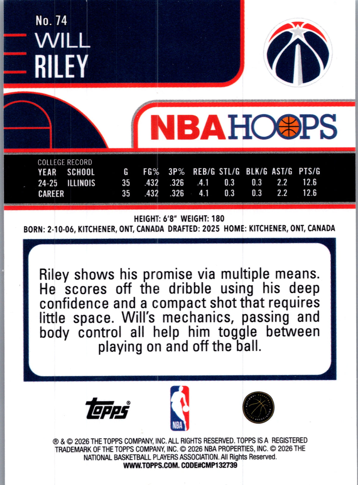 2026 Topps NBA Hoops Will Riley #74 Foil RC
