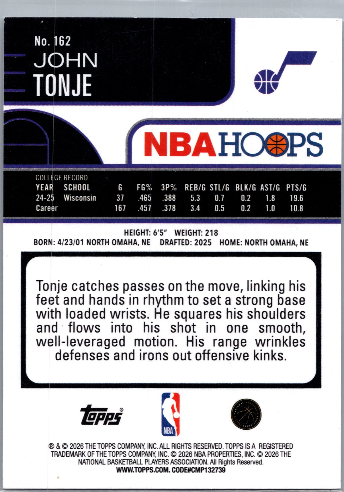 2026 Topps NBA Hoops John Tonje #162 Pixelburst RC