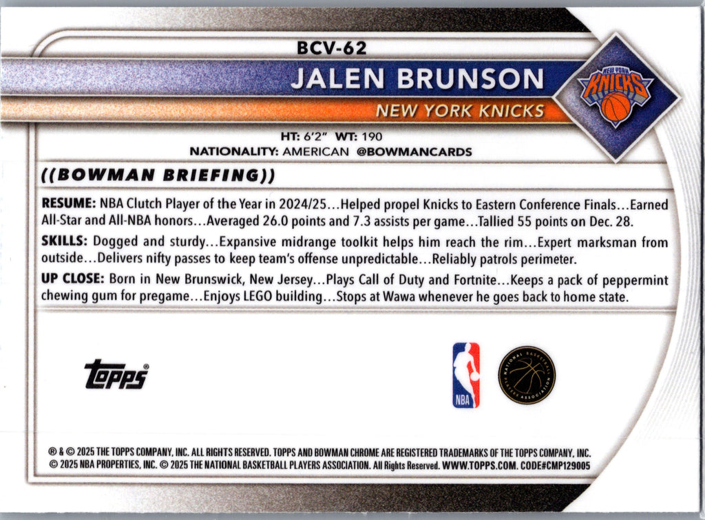 2025 Bowman Chrome Jalen Brunson #BCV-62