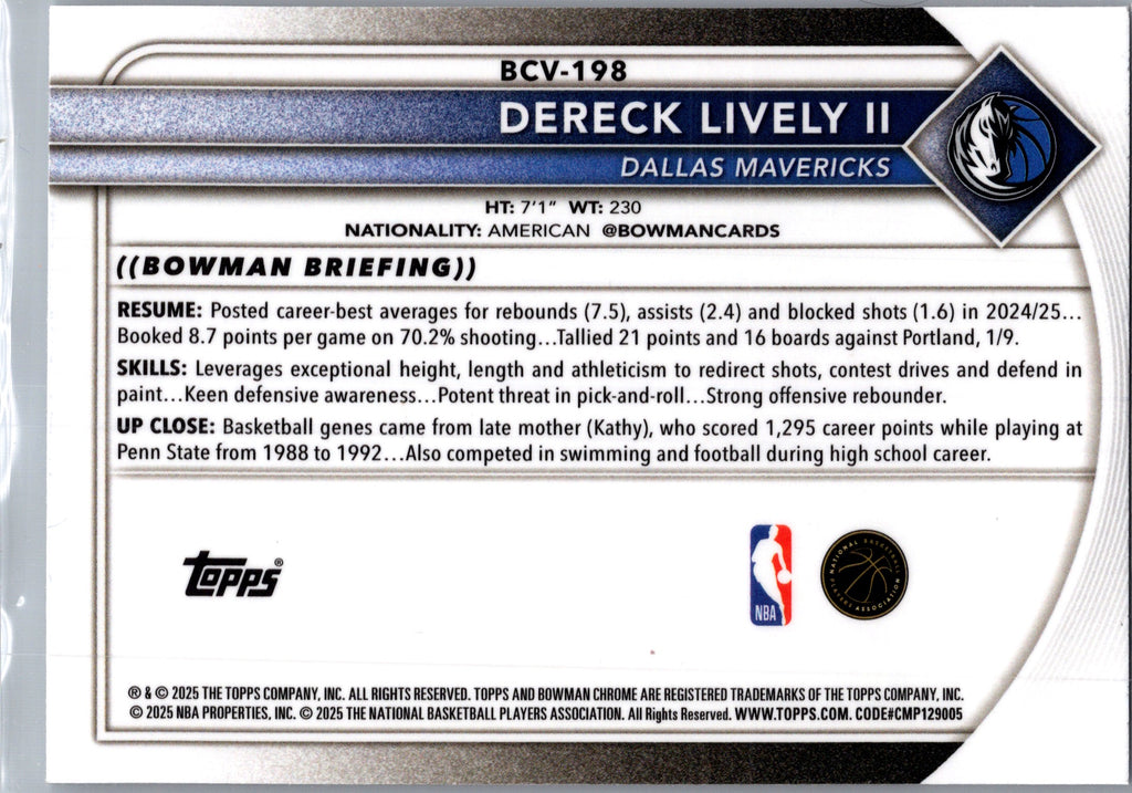 2025 Bowman Chrome Dereck Lively II #BCV-198 /9.