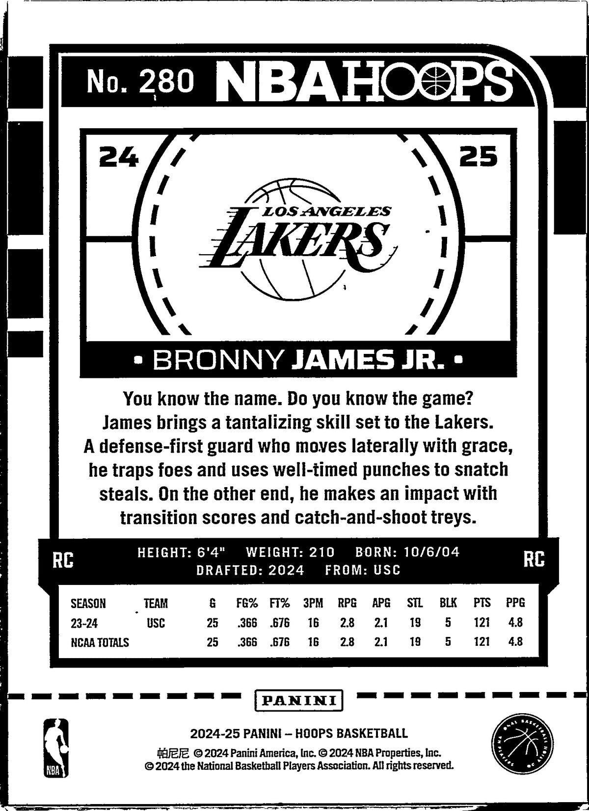 2024 Panini NBA Hoops Bronny James Jr. #280 RC