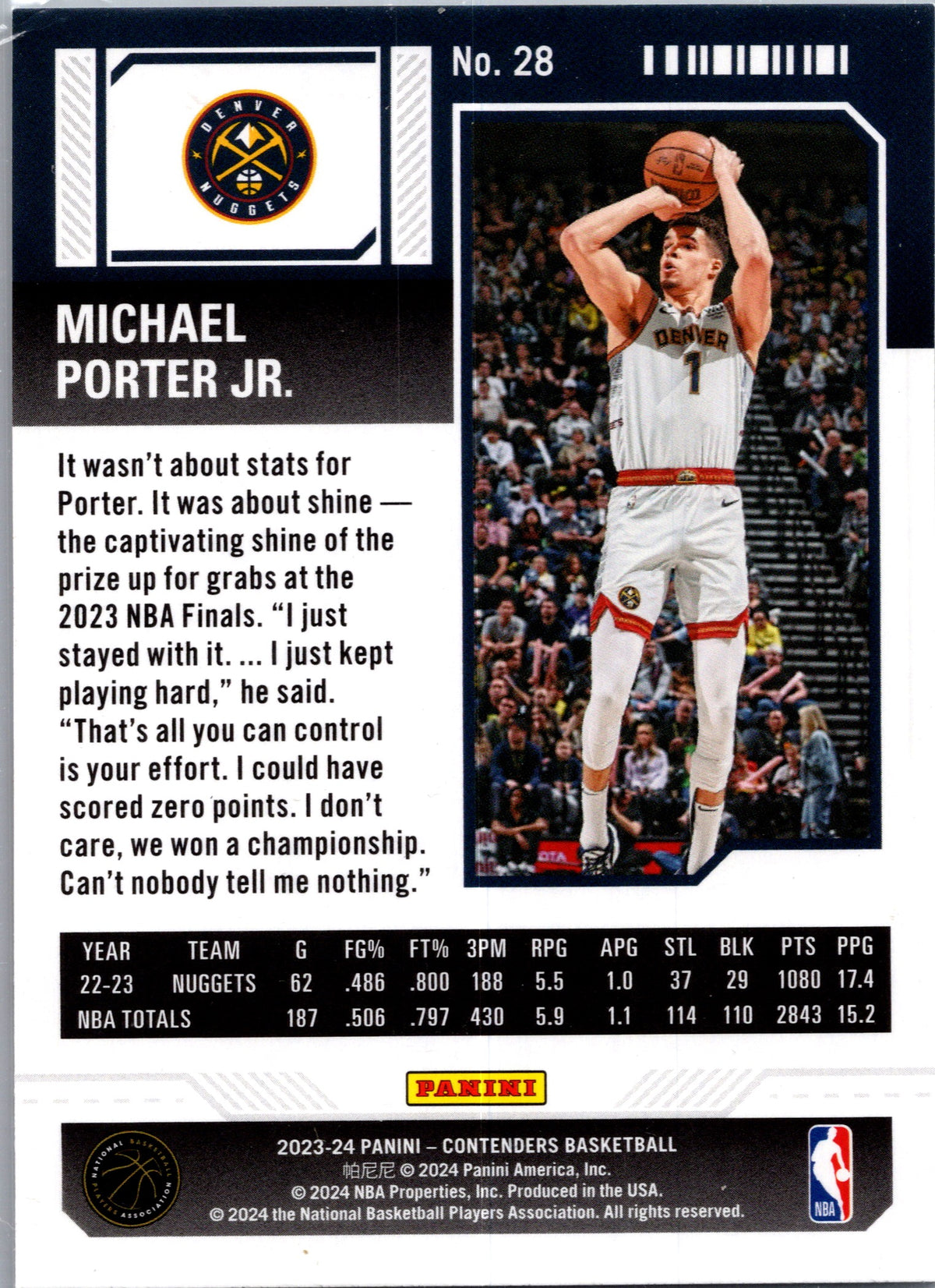 2024 Panini Contenders Basketball Michael Porter Jr. #28 Game Ticket