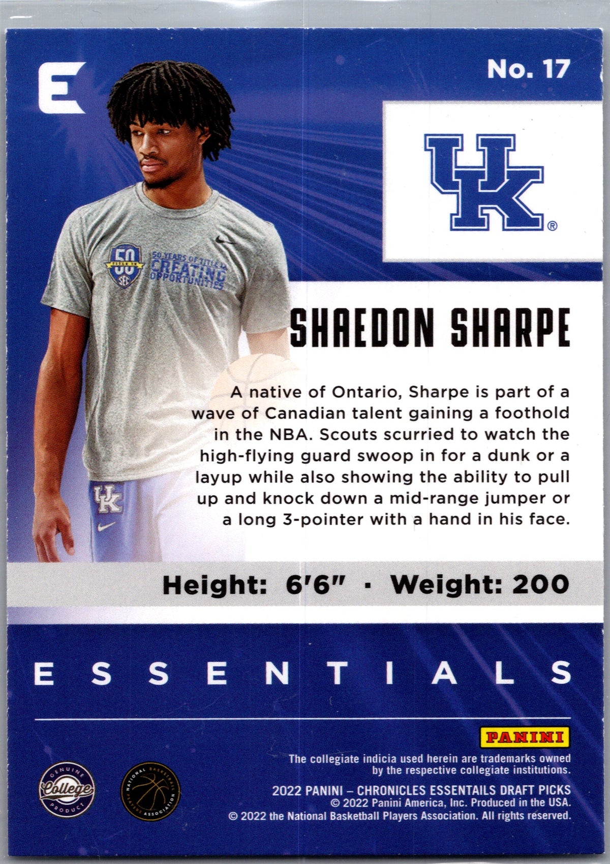 2022 Panini Chronicles Essentials Draft Picks Shaedon Sharpe #17 RC