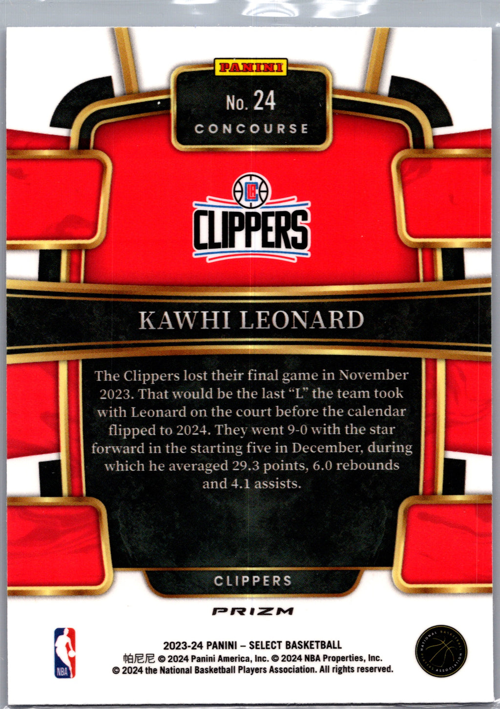 2024 Panini Select Kawhi Leonard #24 Blue
