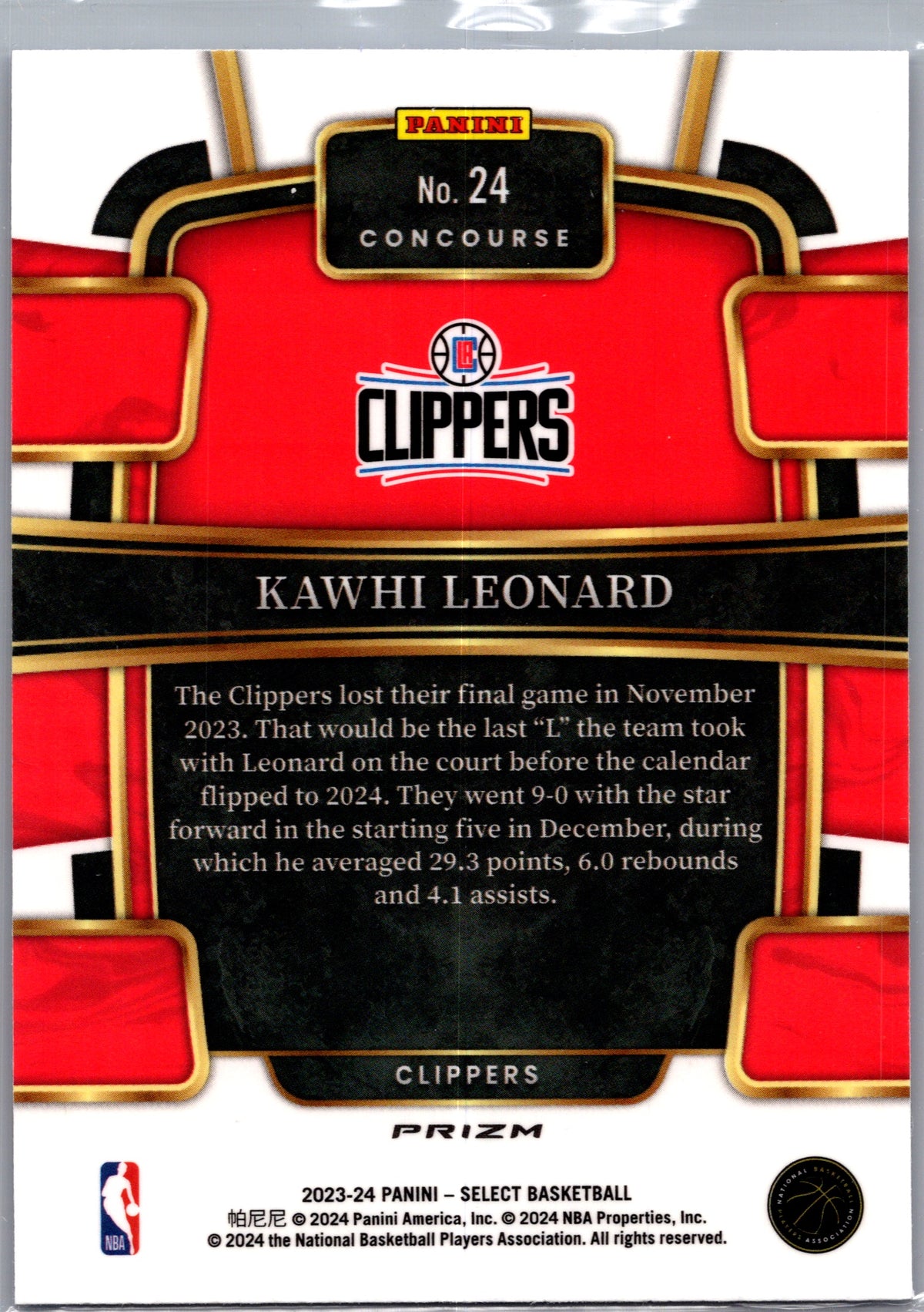 2024 Panini Select Kawhi Leonard #24 Blue