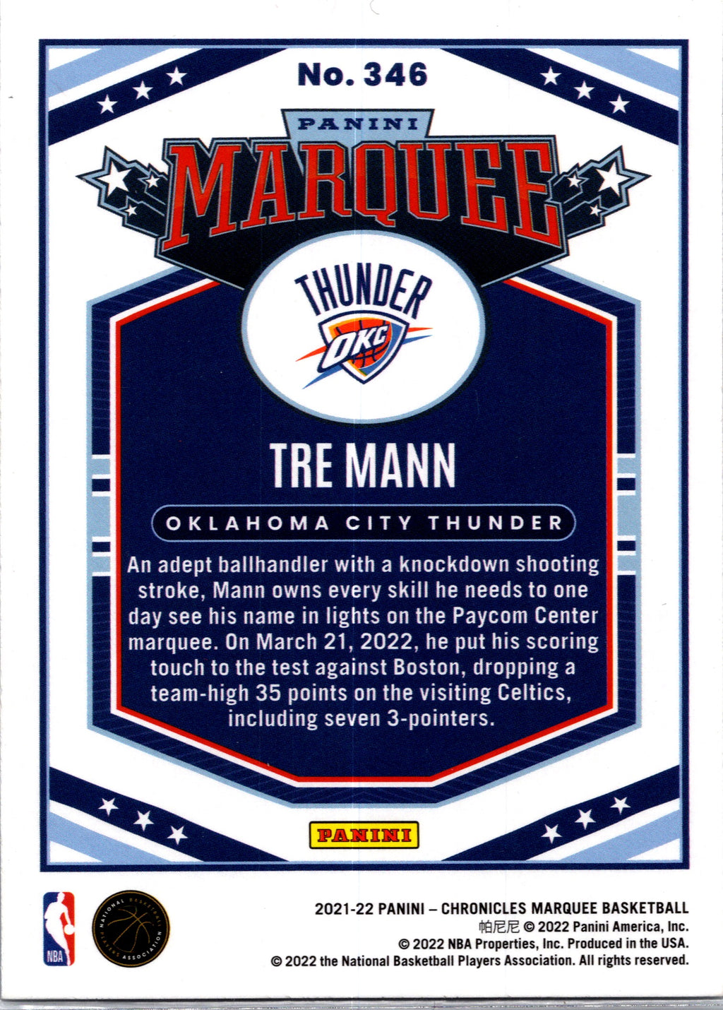 2022 Panini Chronicles Marquee Tre Mann #346 Foil RC