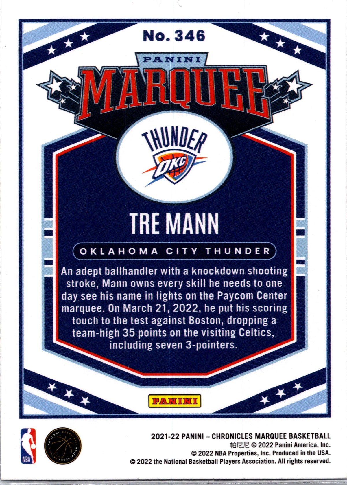 2022 Panini Chronicles Marquee Tre Mann #346 Foil RC