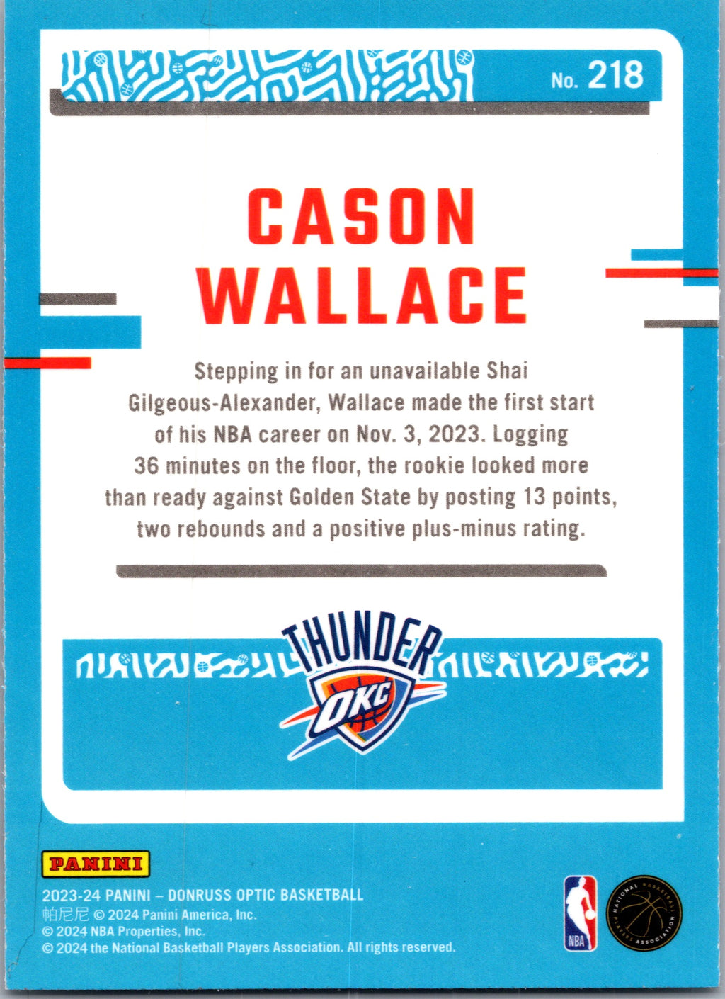 2024 Panini Donruss Optic Basketball Cason Wallace #218