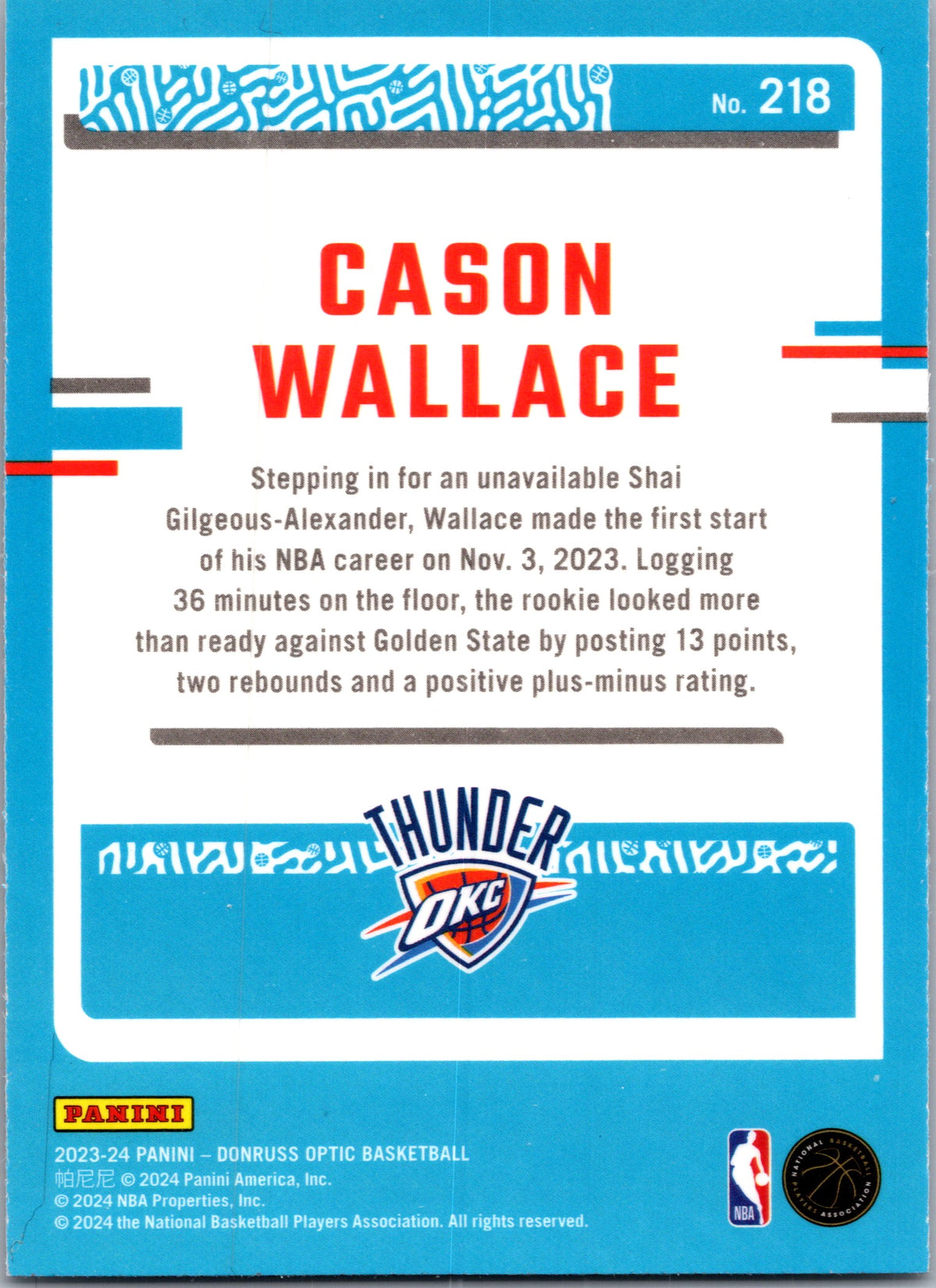 2024 Panini Donruss Optic Basketball Cason Wallace #218